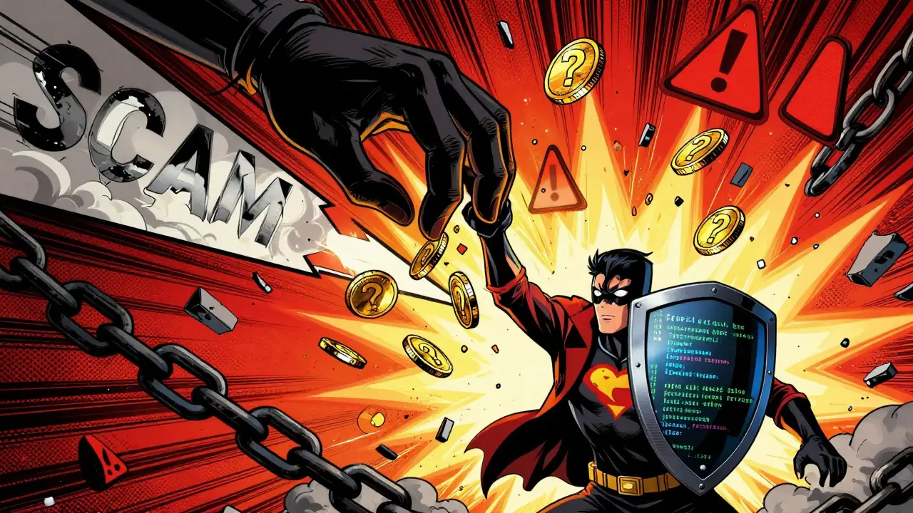 Comic hero shielding against falling scam coins and market chaos