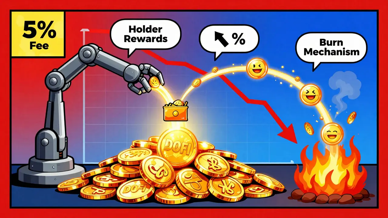 Comic illustration of DOFI tokenomics showing fees, rewards, and burning