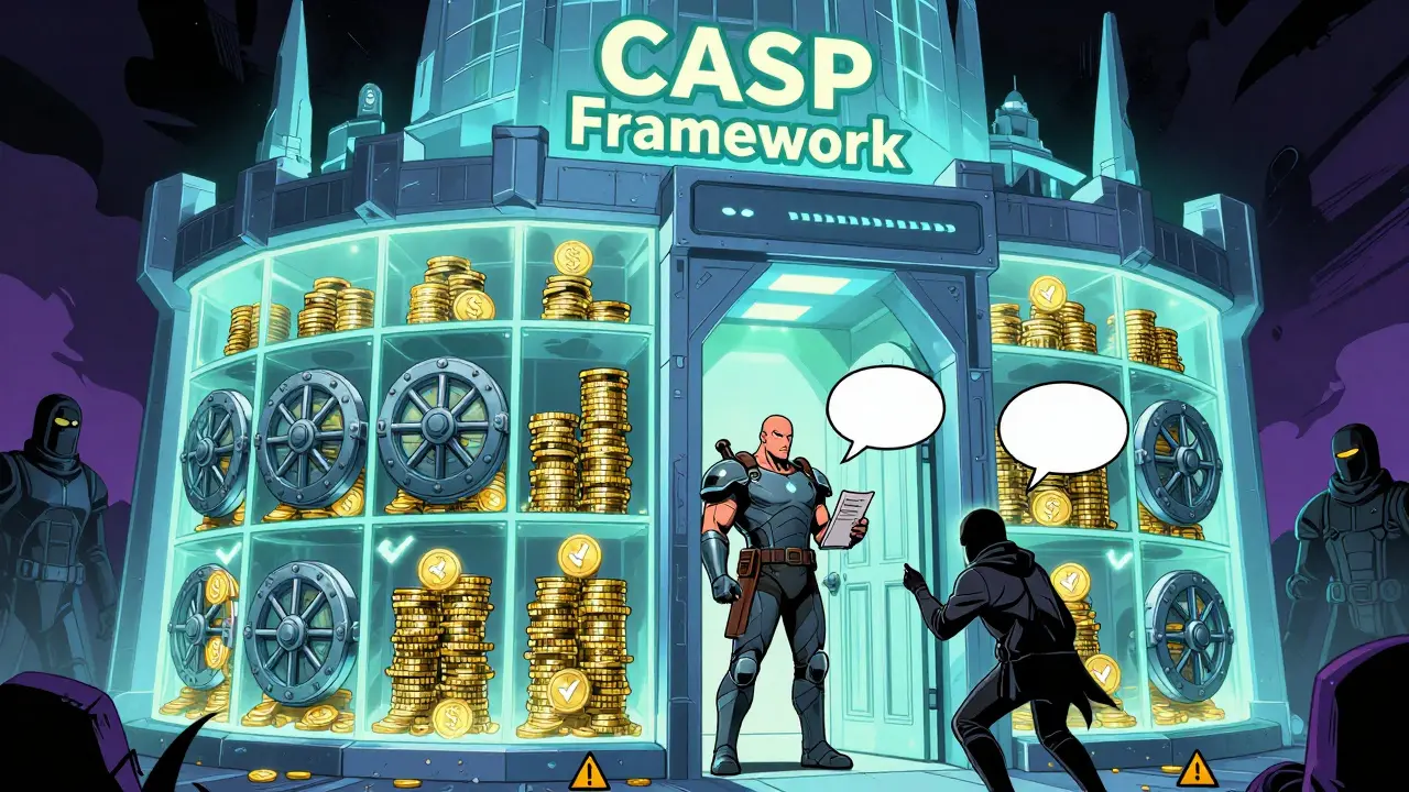 Comic illustration of secure CASP framework fortress rejecting rogues
