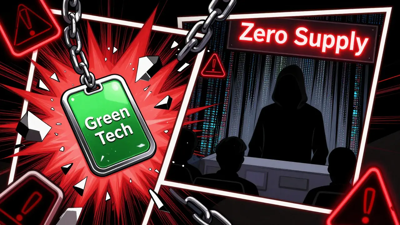 Comic illustration of shattering green tech promises and hidden anonymous developers.
