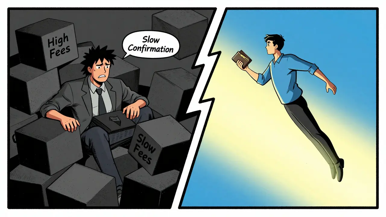 Comic panel contrasting slow, expensive trading with effortless decentralized exchange.