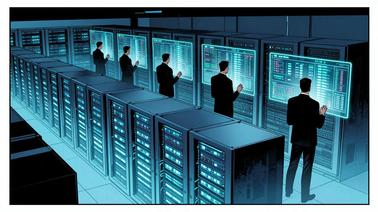 Comic style illustration of institutional clients using high-tech BEQUANT server infrastructure.