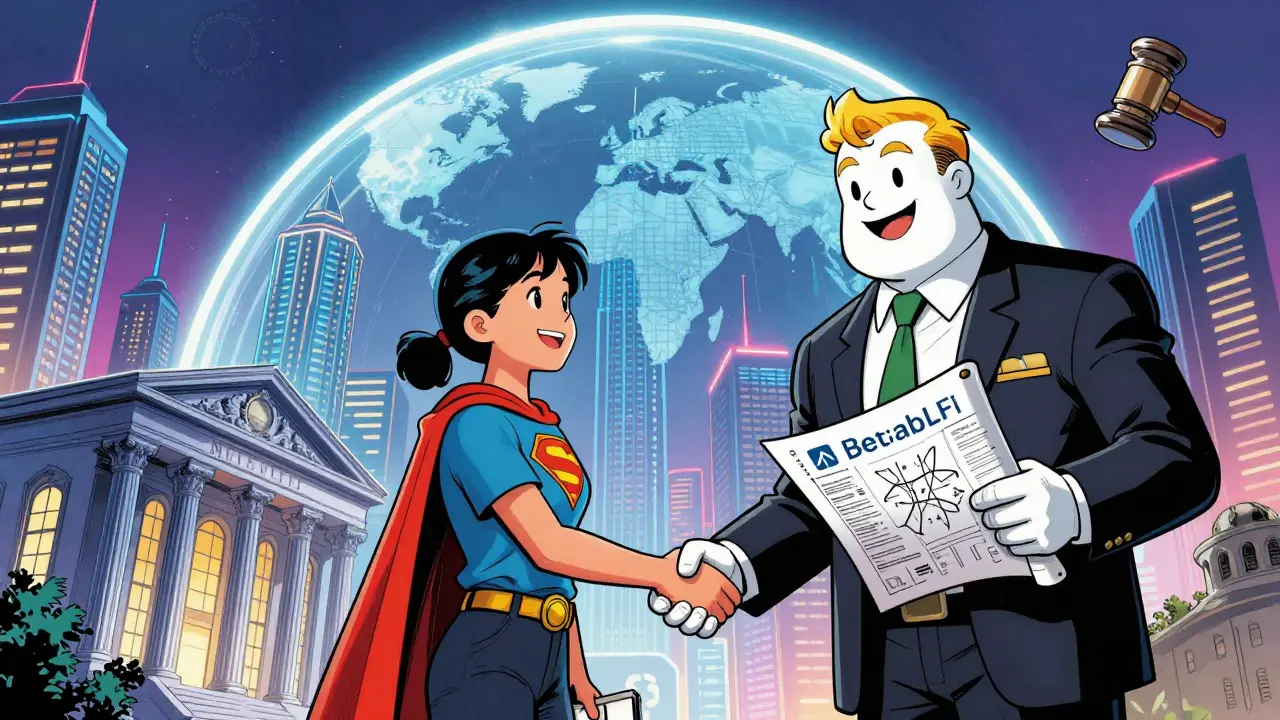 Comic style image of US banks and crypto startups collaborating under new laws