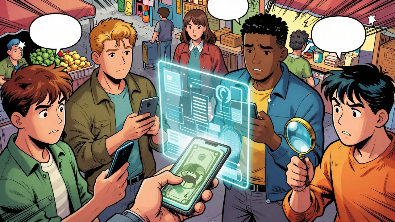 Comic style scene showing people using digital wallets and fading physical cash