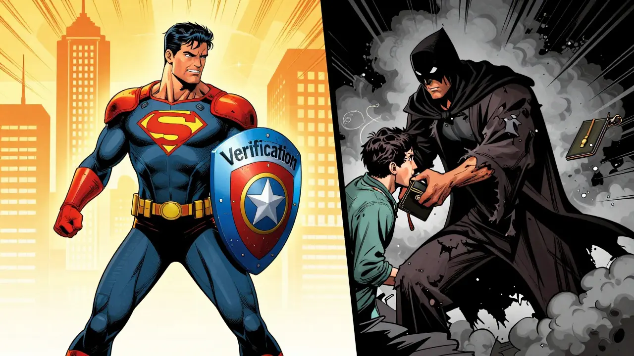 Comic style split view showing safe crypto verification vs scams