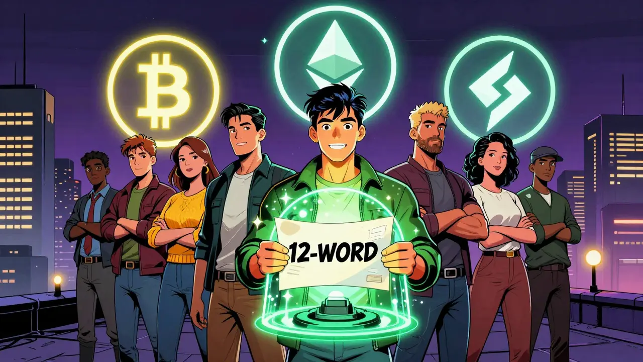 Crypto users on a rooftop protecting a recovery phrase under a glowing energy dome