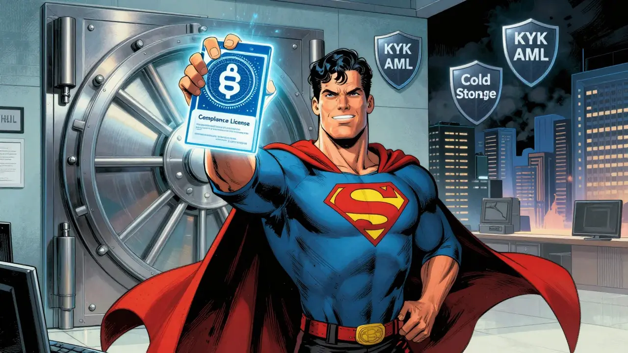 Founder holding a compliance license shield in front of a secure vault