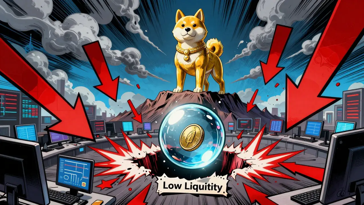Fragile coin bubble over a liquidity chasm with volatile market symbols