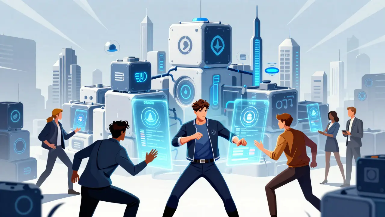 Futuristic modular blockchain city with users interacting