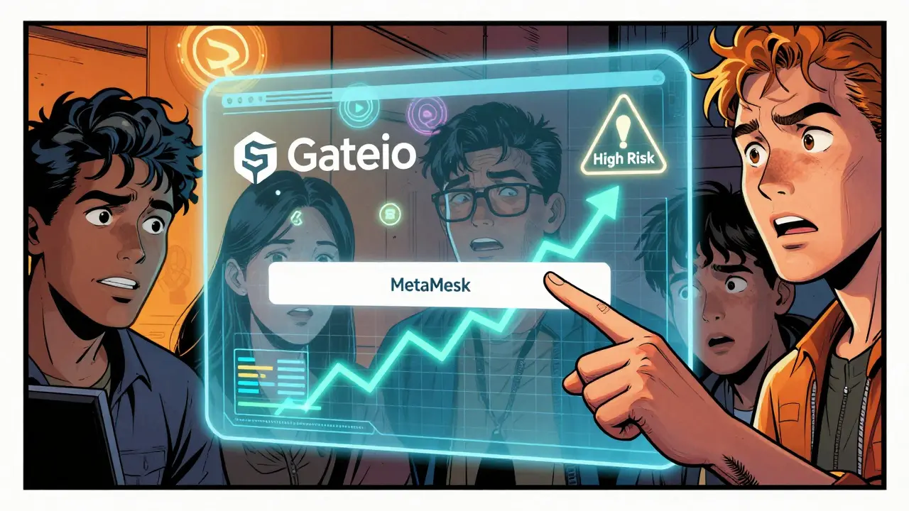 Gamers analyzing a holographic crypto trading screen with risk warnings