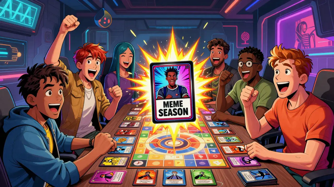 Gamers celebrating with rare NFT cards in a vibrant cyberpunk setting
