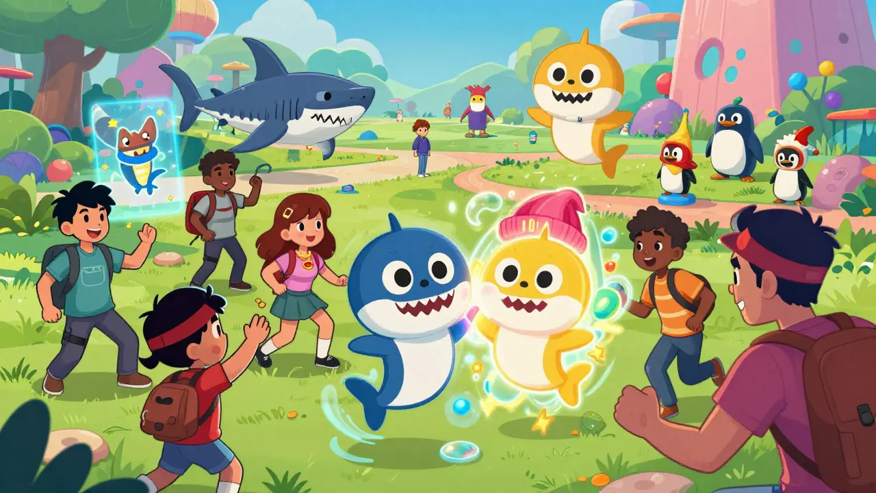 Gamers trading glowing NFTs in a colorful metaverse park