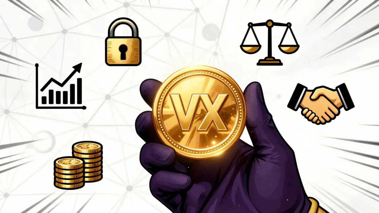 Glowing VX token surrounded by mining method icons in superhero comic art style.