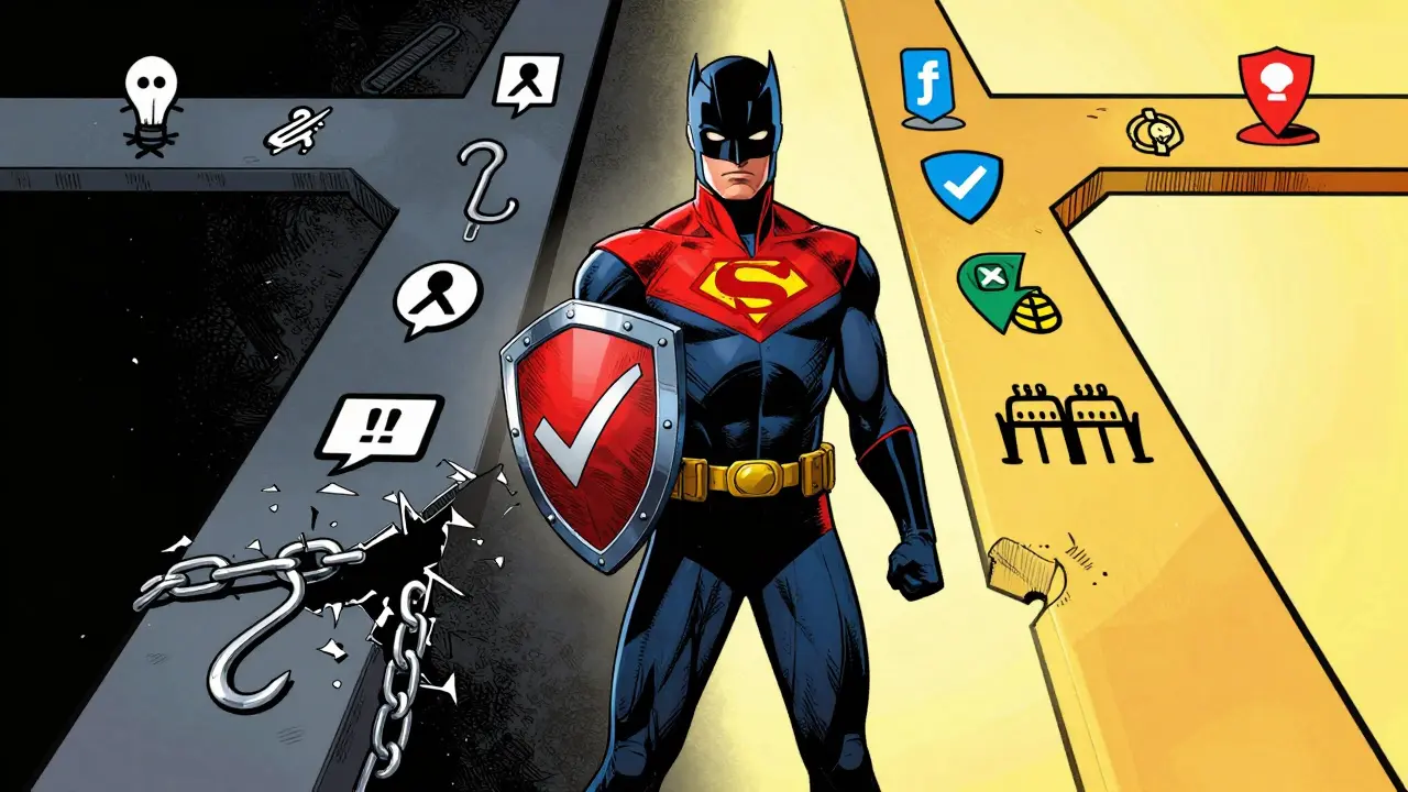 Hero choosing safe crypto path over scam traps in comic style