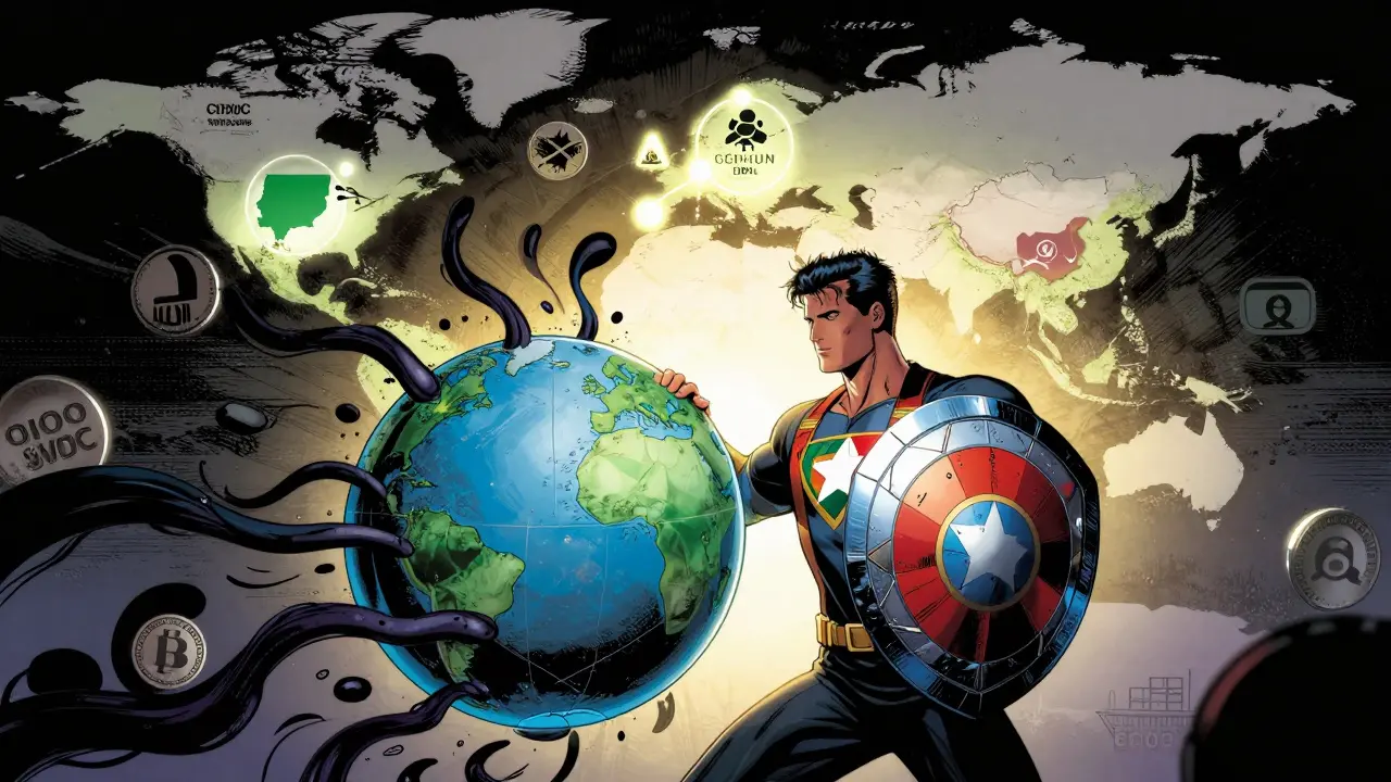 Heroic comic figure protecting national economy from foreign financial threats