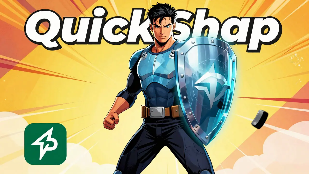 Heroic depiction of QuickSwap standing strong on the Polygon network, protected by security audit shields, in bright and dynamic superhero comic art.
