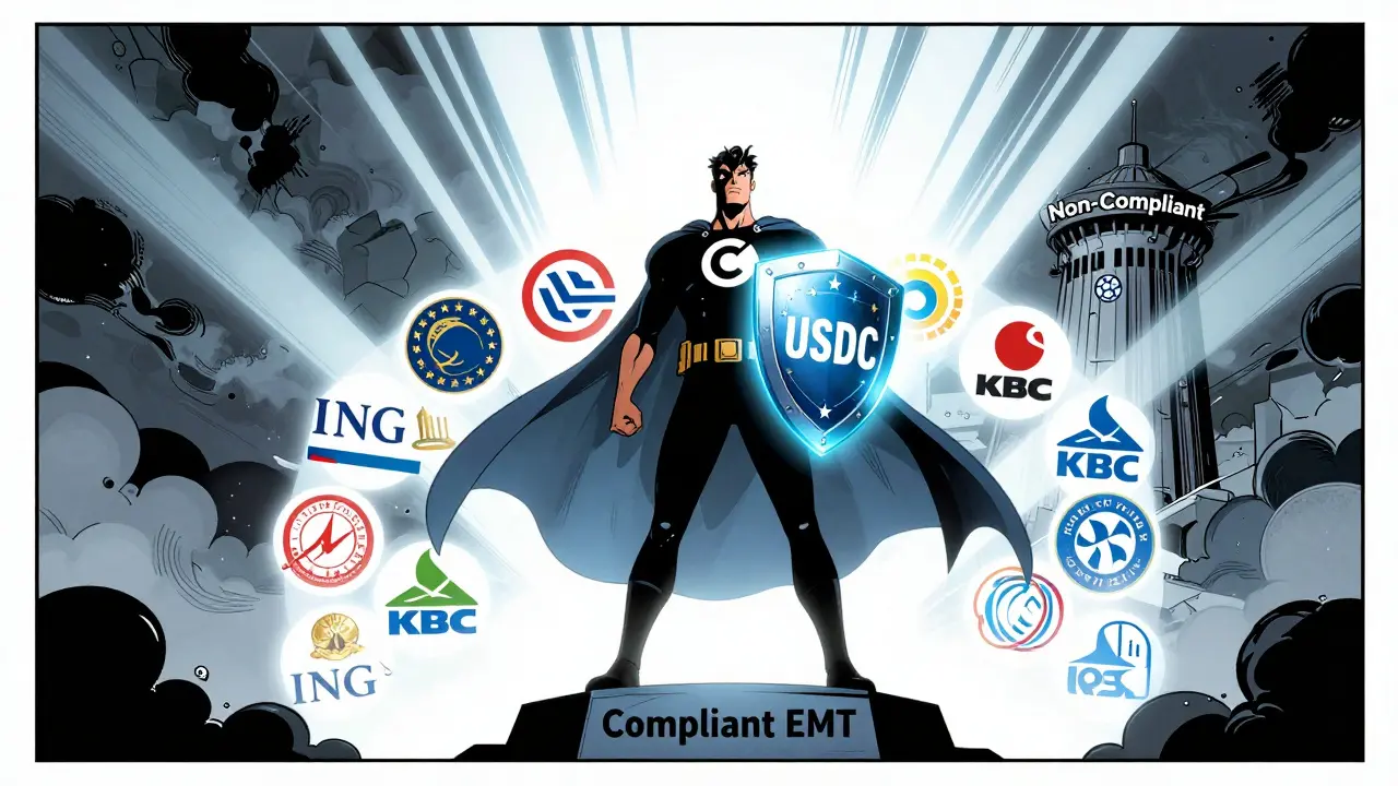 Heroic USDC coin standing against non-compliant chaos