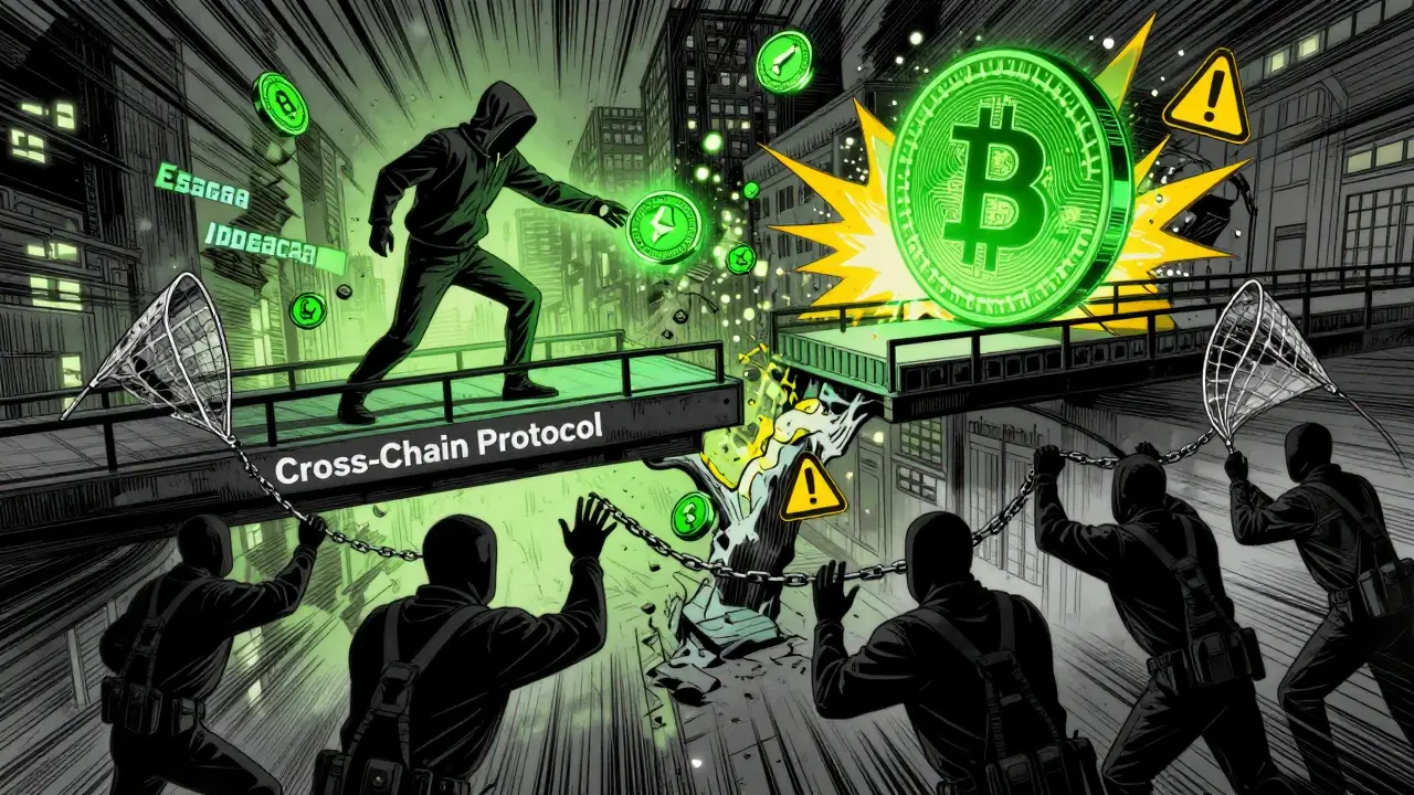 Hooded hacker transfers crypto across a chain bridge while enforcers try to stop it.