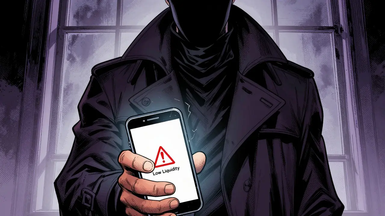 Mysterious anonymous figure in shadows holding phone with liquidity warning
