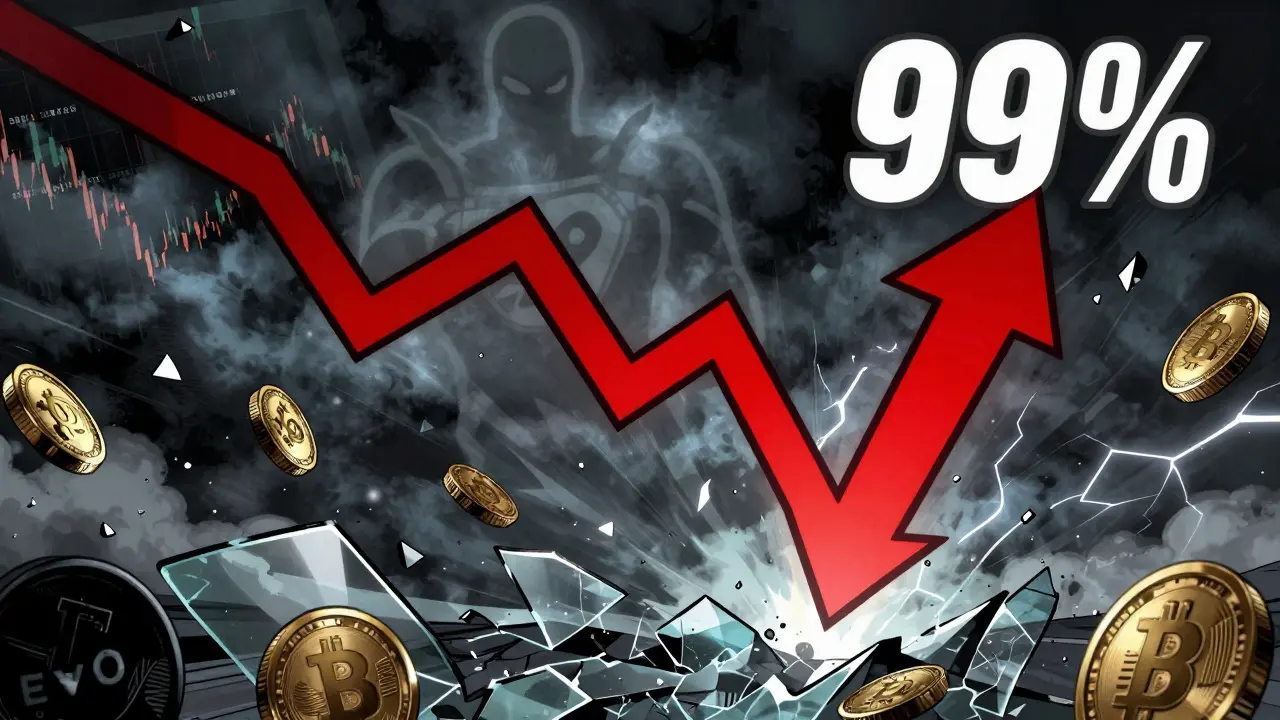 Red arrow crashing down through shattered crypto coins in comic art