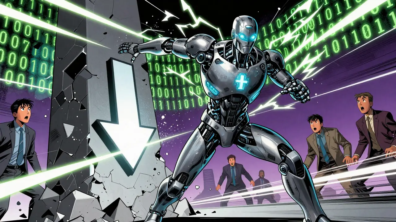 Robot trader bot causing market crash in superhero comic style