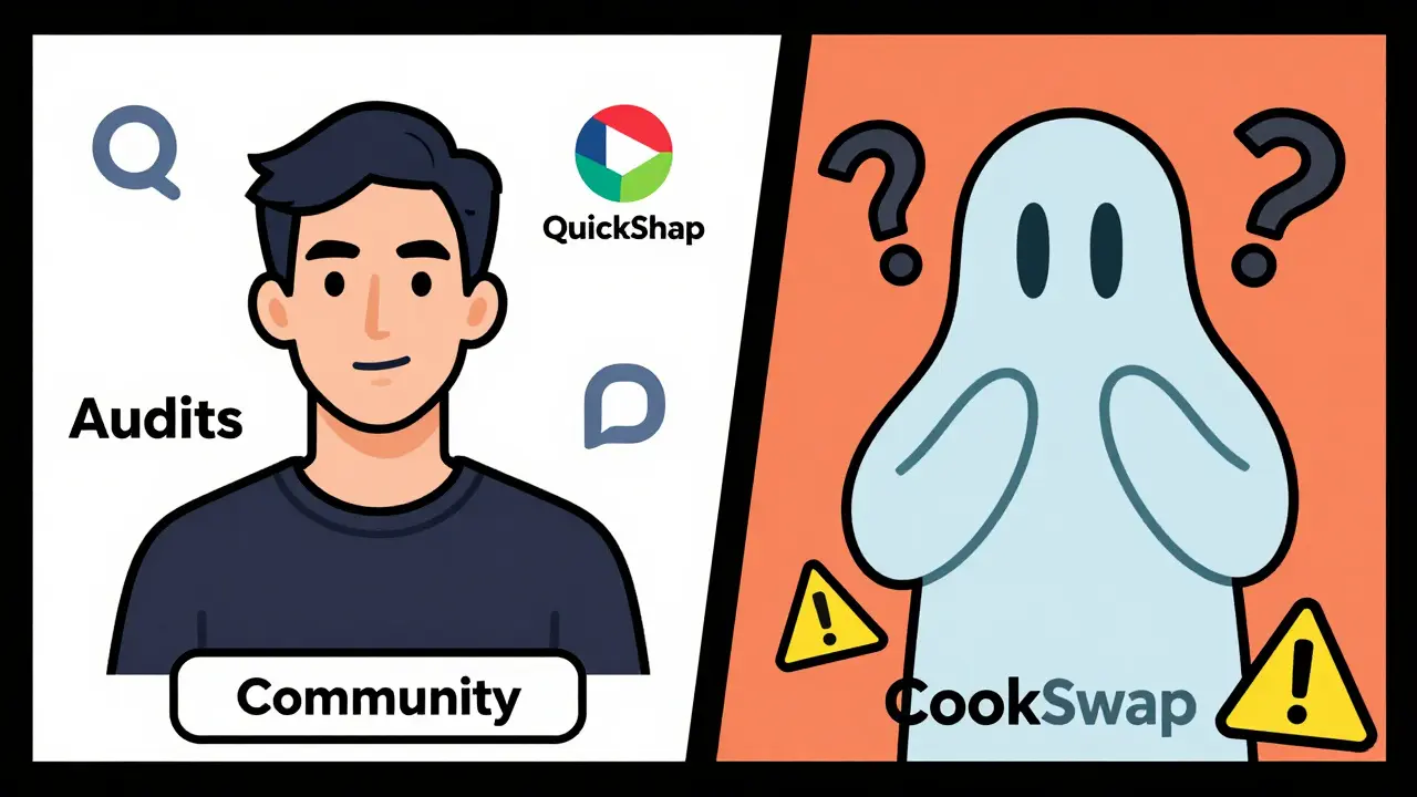 Side-by-side comic panel comparing legitimate QuickSwap with fraudulent CookSwap, highlighting safety features versus deception risks.