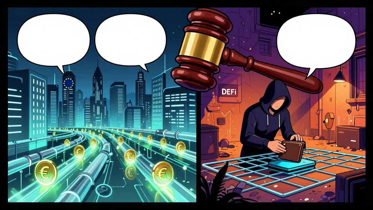 Split view of regulated EU crypto vs DeFi underground