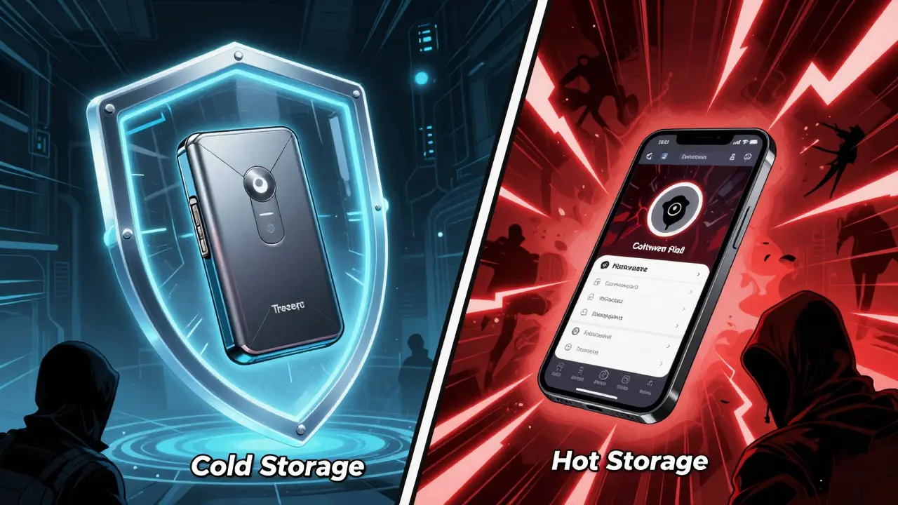 Split view showing a secure hardware wallet shield vs a vulnerable smartphone with hackers