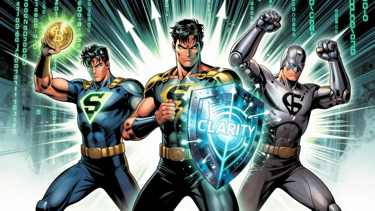 Superhero avatars of GENIUS, CLARITY, and Anti-CBDC acts protecting crypto markets