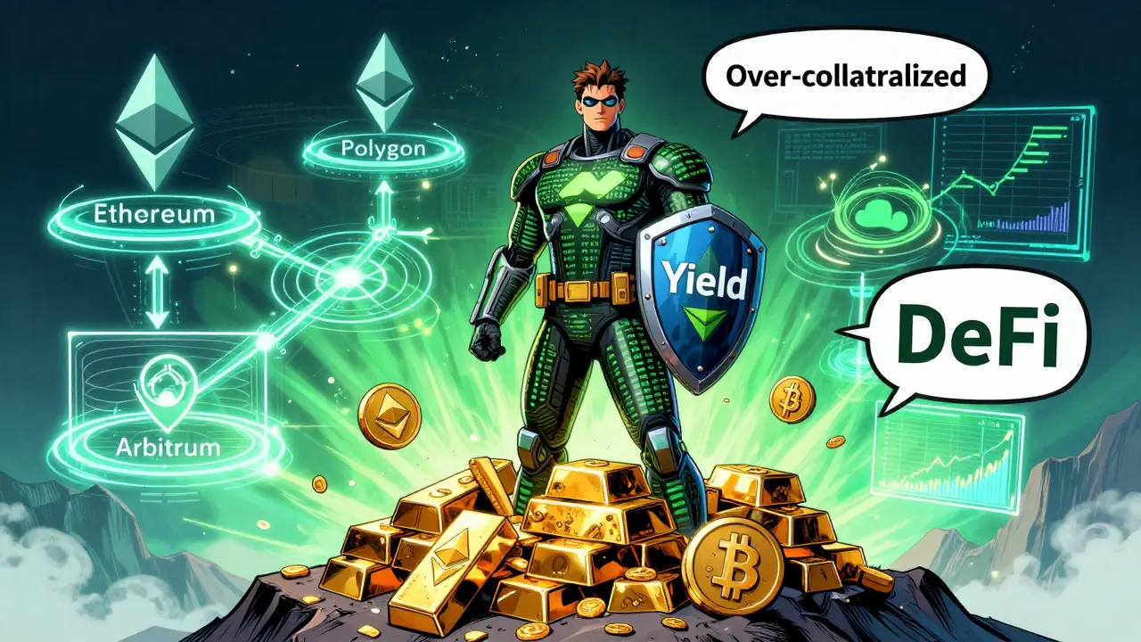 Superhero comic of Angle USDA backed by crypto assets and yield