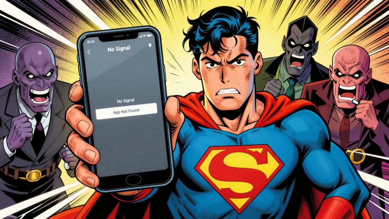 Superhero comic showing frustration over a missing mobile app for a crypto platform.