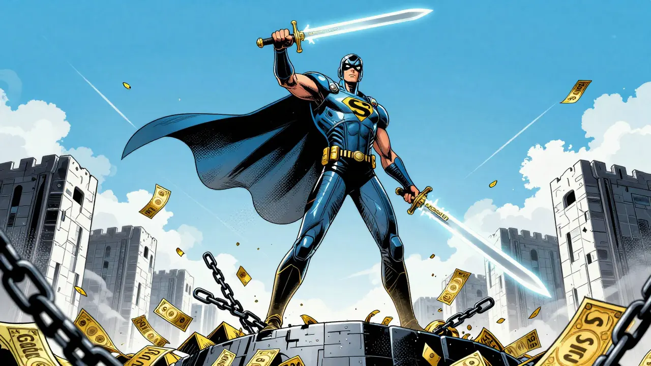 Superhero cutting through crypto scam chains in comic art style