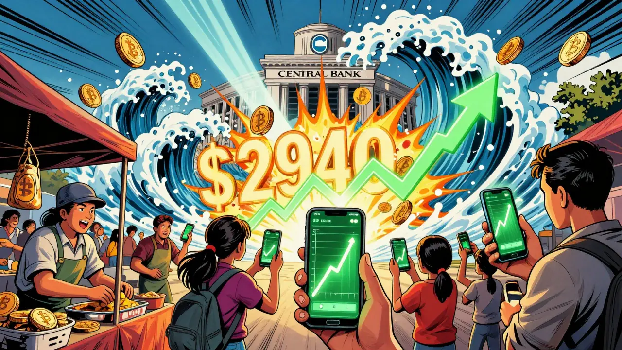 Superhero style illustration of Bolivians using crypto apps amidst a wave of digital coins
