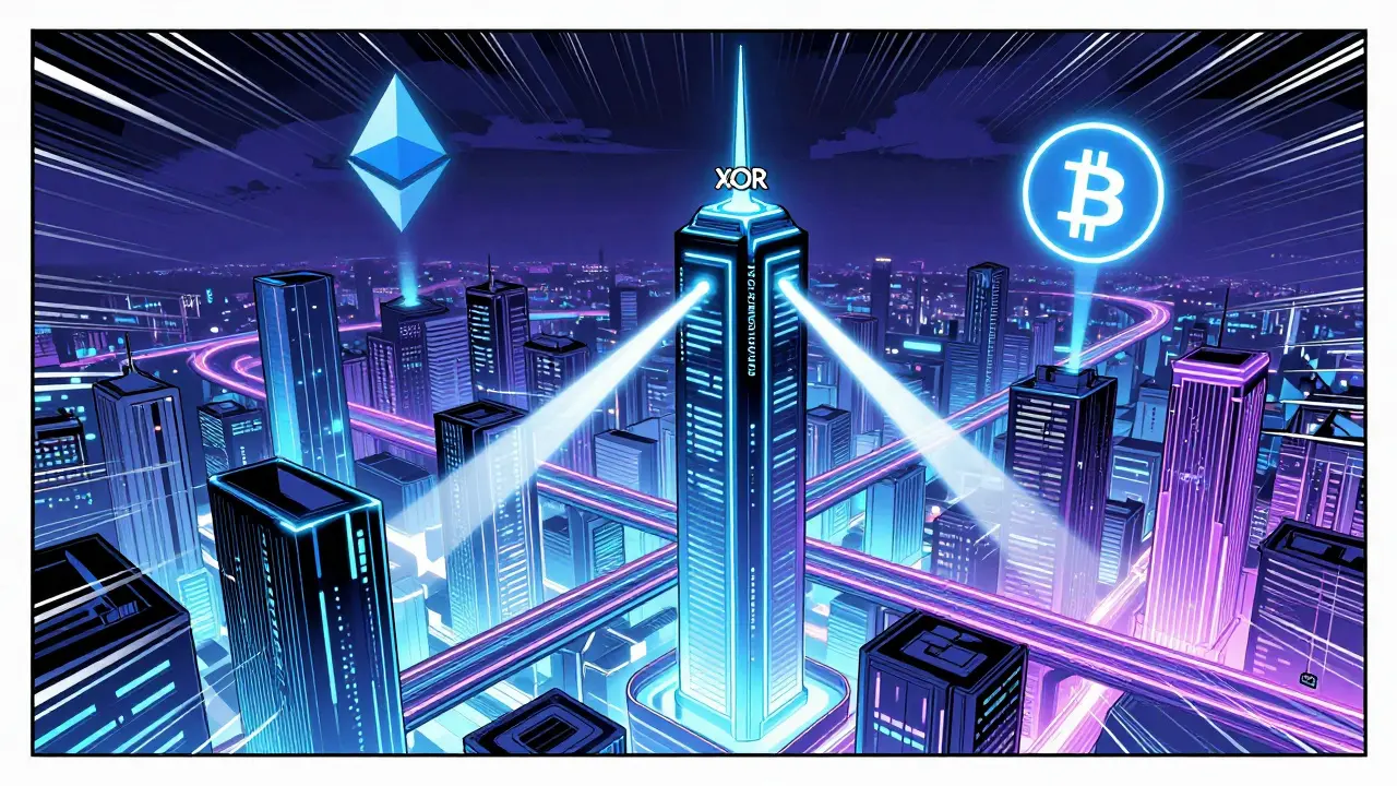 Superhero style illustration of Sora connecting Polkadot, Ethereum, and Bitcoin networks.