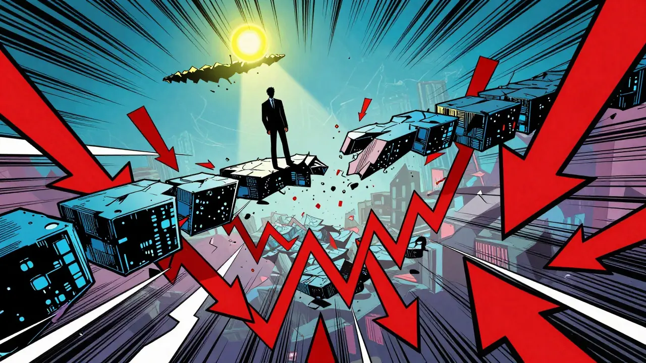 Trader standing on crumbling digital bridge over chaotic red market crash abyss