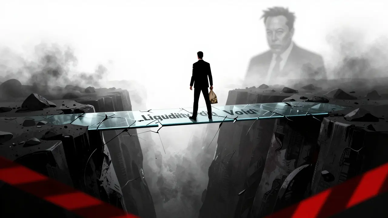 Trader standing on fragile bridge over liquidity void in superhero art style