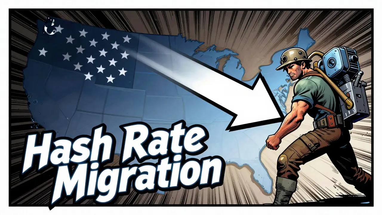 A gritty comic book scene illustrating the strategic exit of major mining companies from Kazakhstan and their migration to the US, using symbolic arrows and fading logos.
