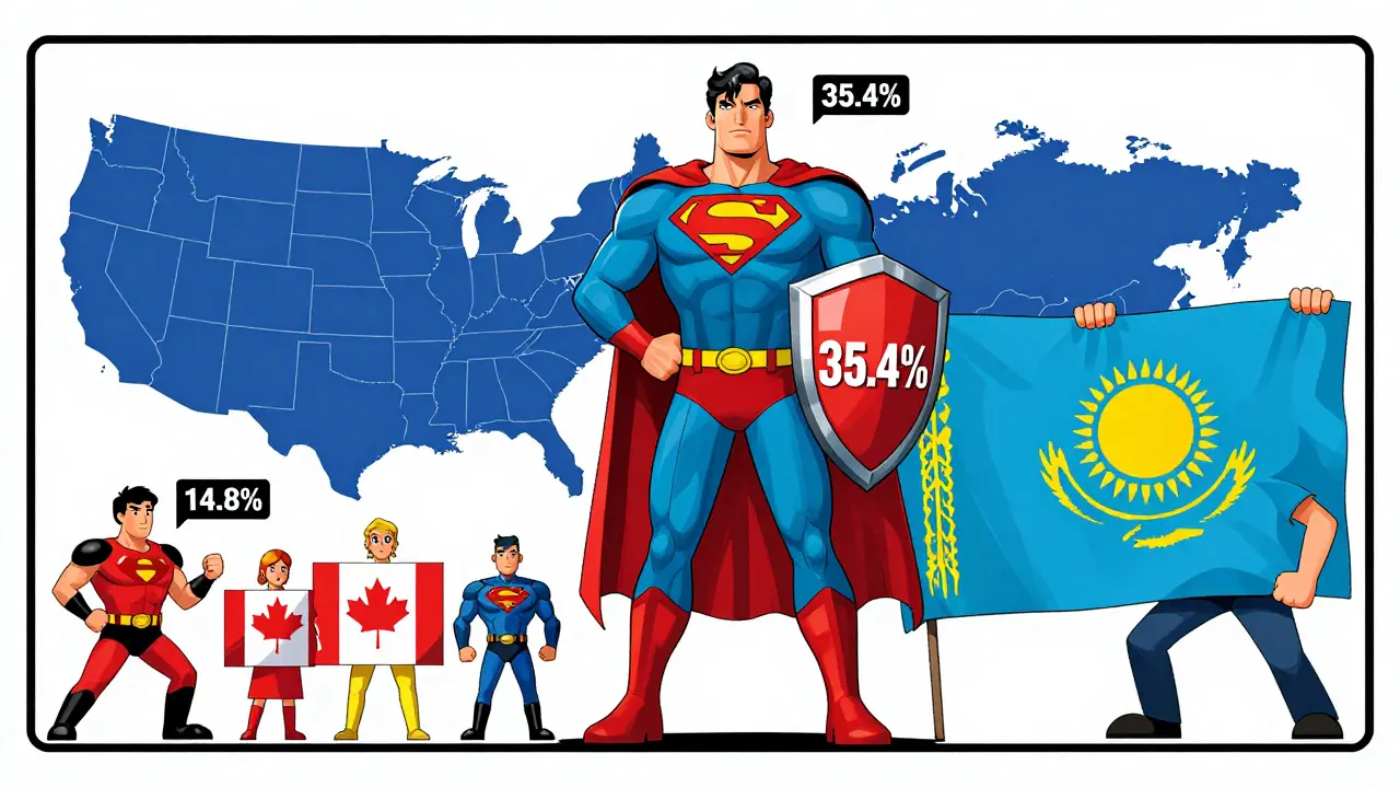 A stylized comic book infographic representing global Bitcoin hashrate shares, with the USA portrayed as a dominant hero figure compared to other nations, using vibrant colors and bold typography.