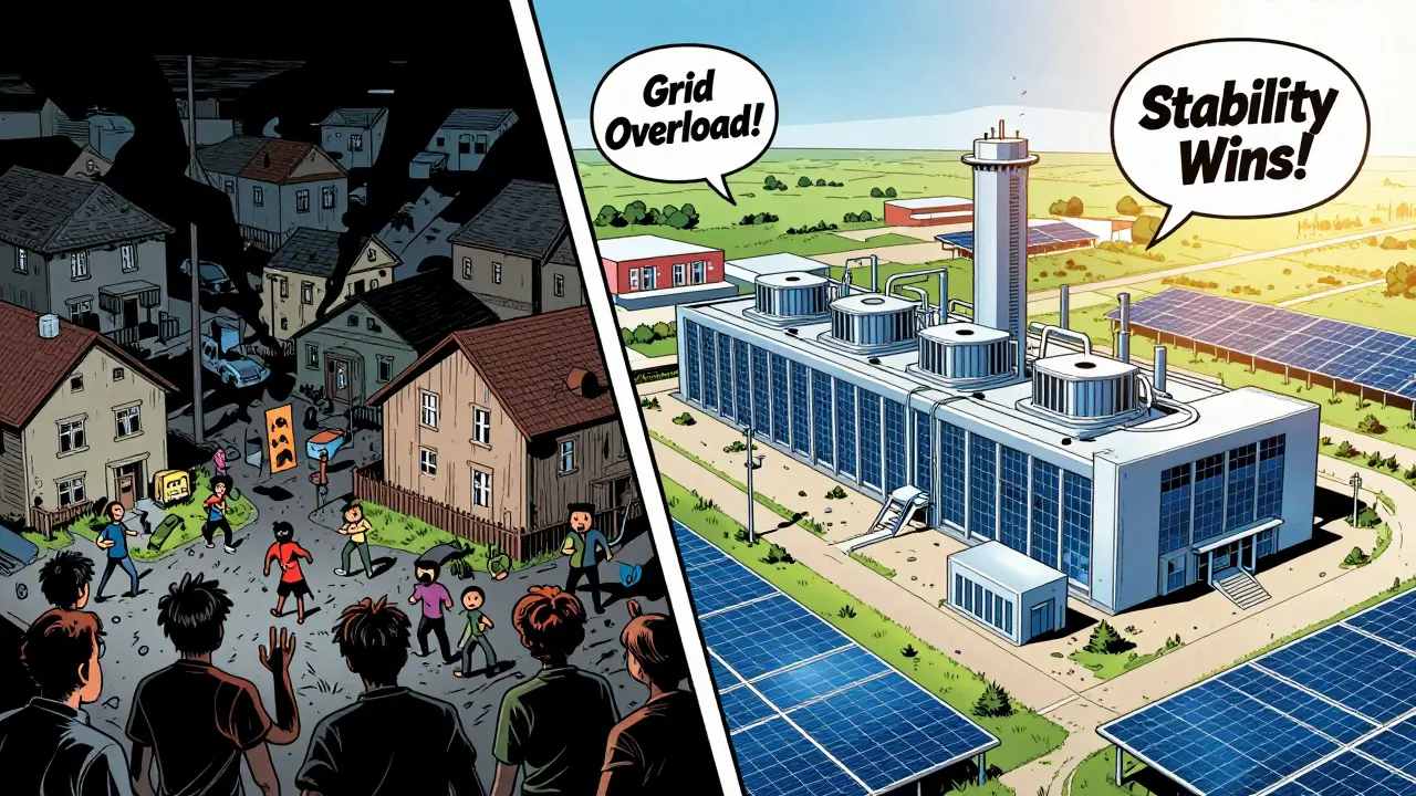 A two-panel comic comparison showing the chaos of power outages in Kazakhstan versus the stable, sunlit mining infrastructure in the United States, rendered in high-contrast superhero art style.