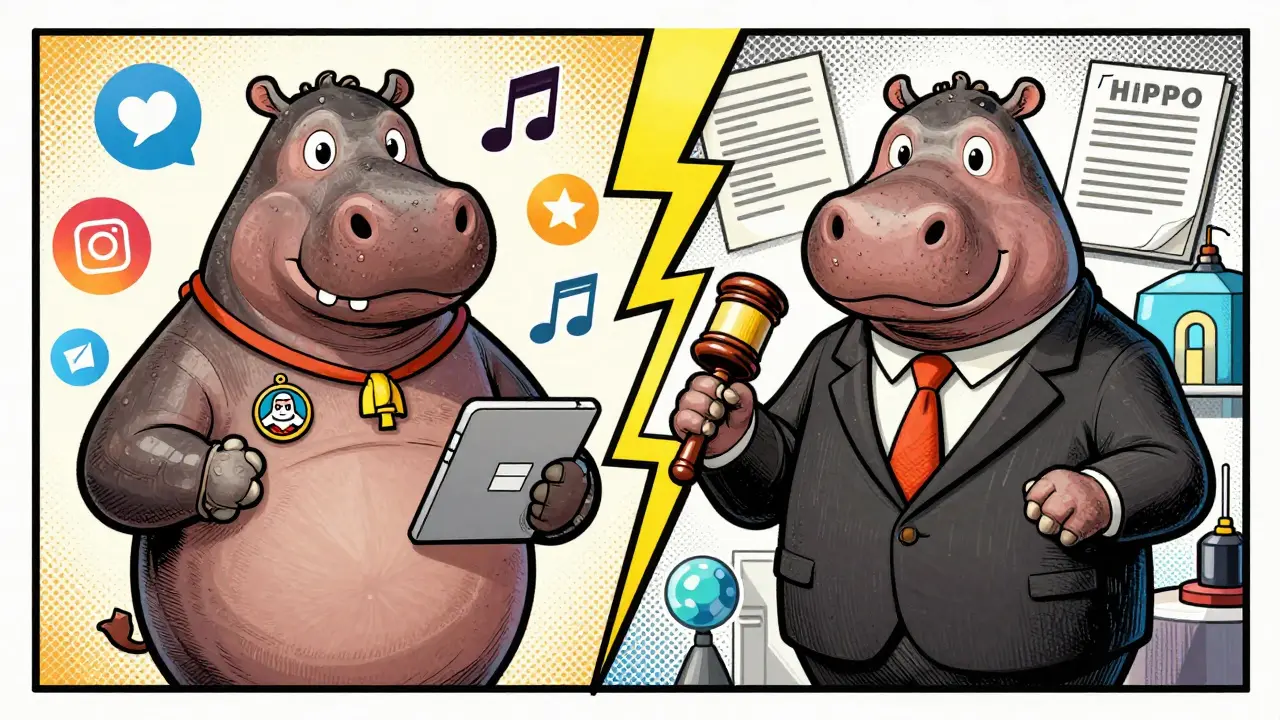 Comic art comparing two different hippo crypto characters side-by-side