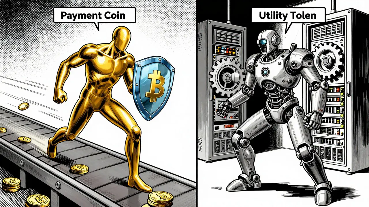 Comic art contrasting a payment coin character with a utility token robot character