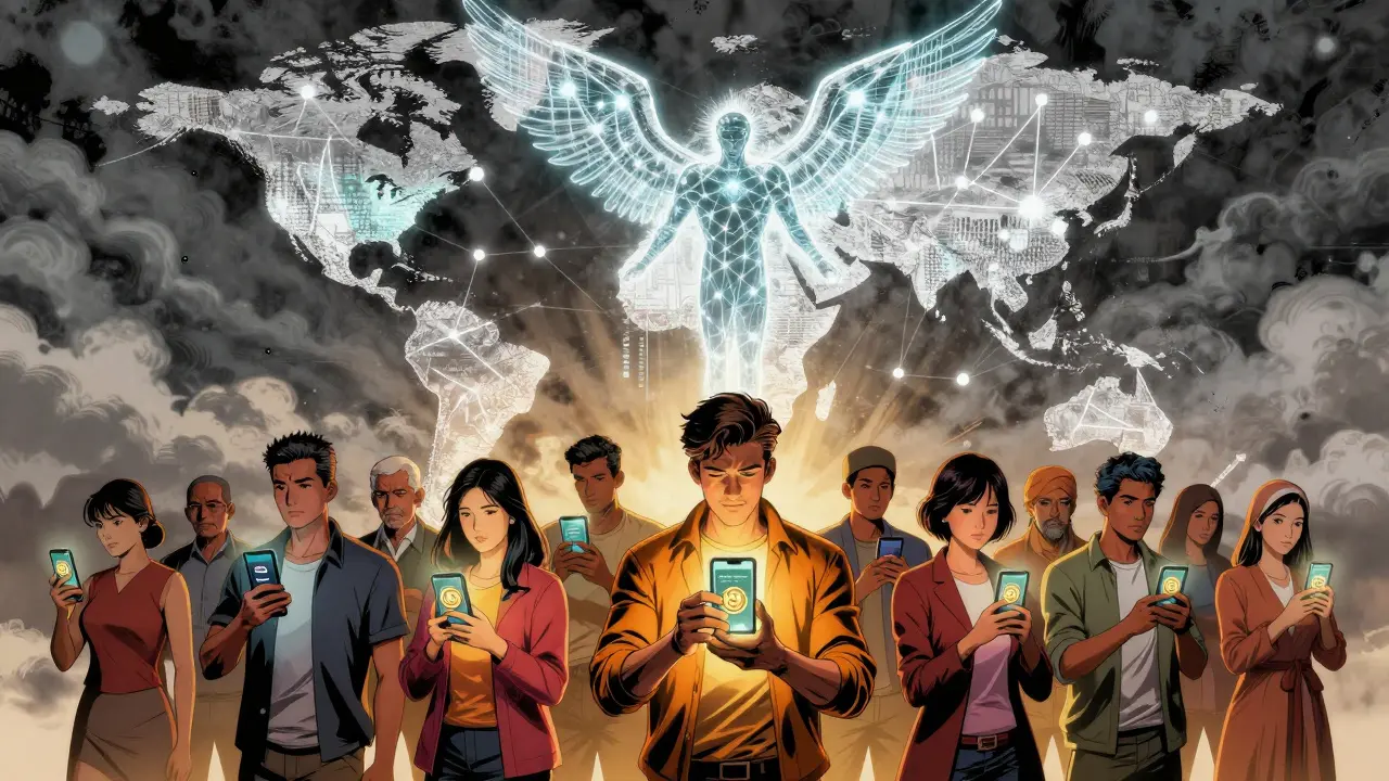 Comic art showing people worldwide using phones for stablecoins under a protective digital guardian