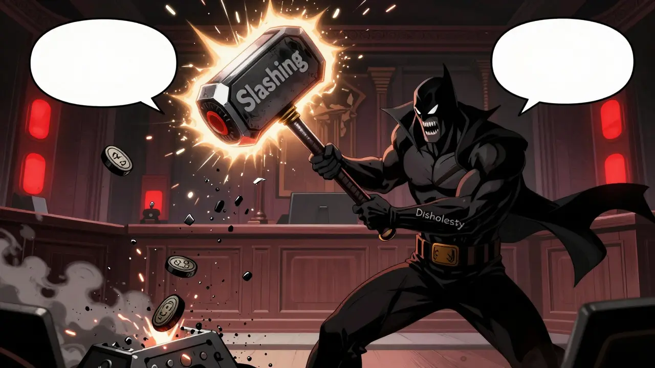 Comic art showing slashing penalty hammer striking dishonest validator tokens, causing them to shatter.