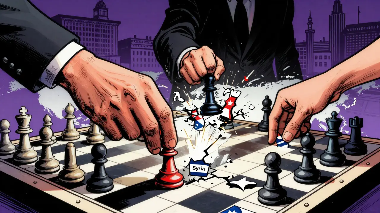 Comic book metaphor of geopolitical shifts affecting Syria and Cuba sanctions