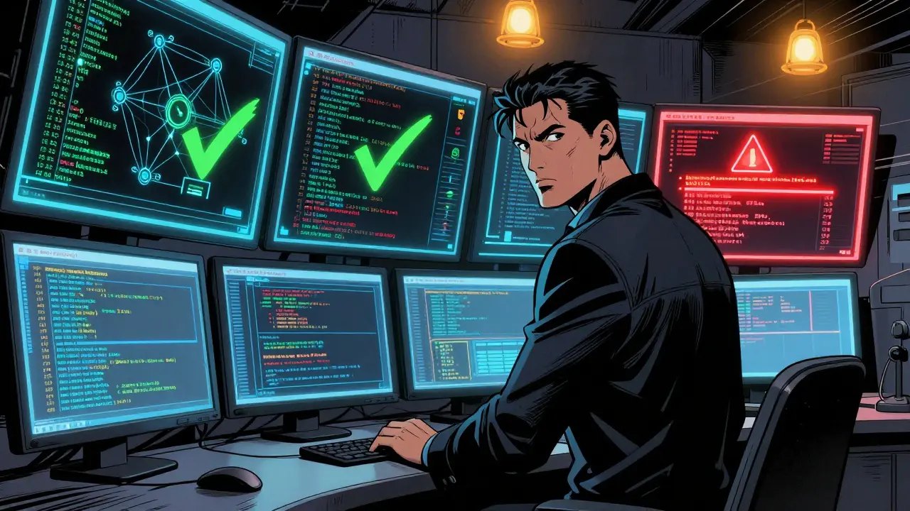 Comic style analyst monitoring crypto transactions for Syria and Cuba compliance