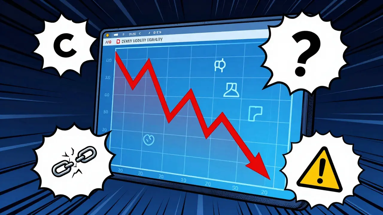 Comic style chart showing steep price crash and risk warnings for crypto token