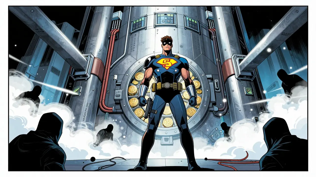 Comic style hero securing crypto vault with advanced tech defenses