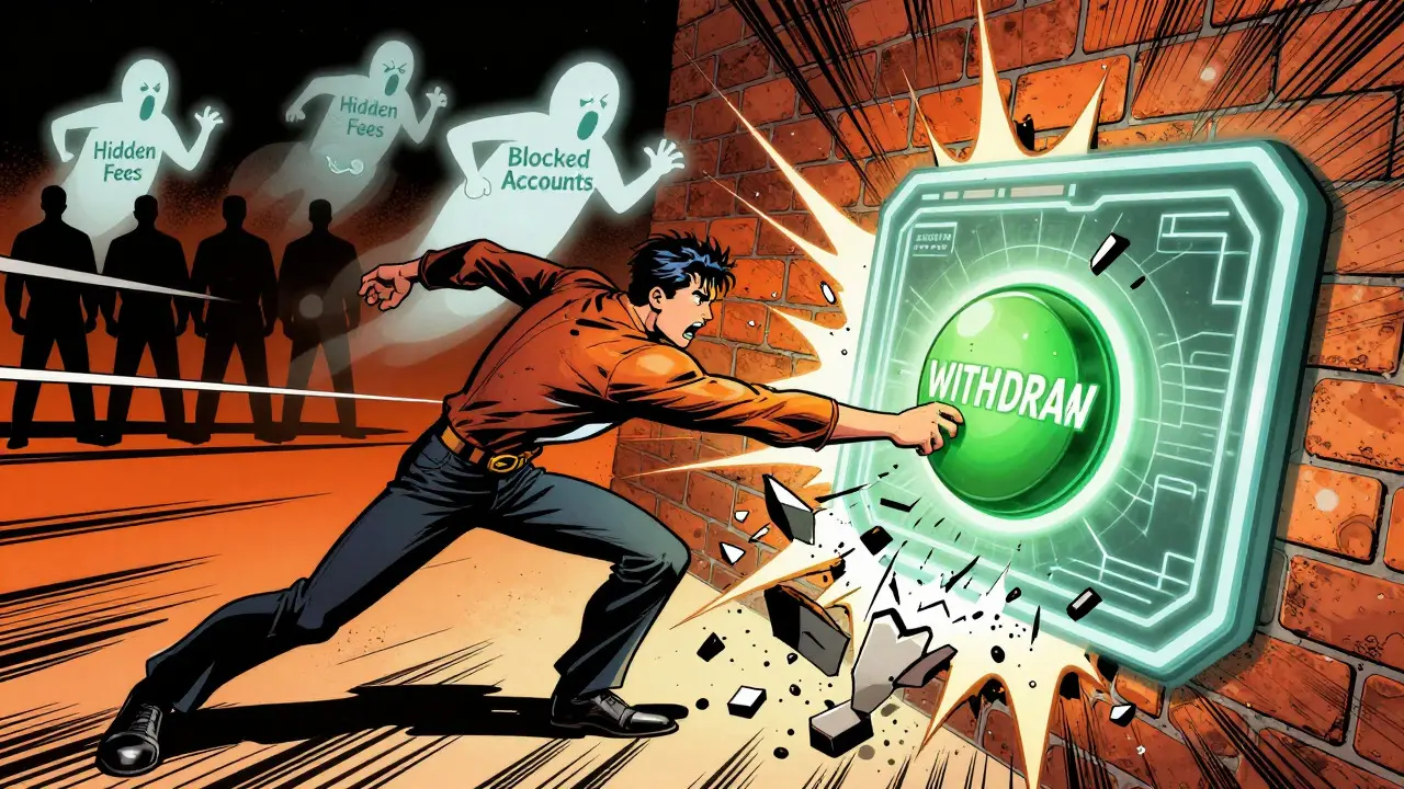 Comic style illustration of failed crypto withdrawal attempt