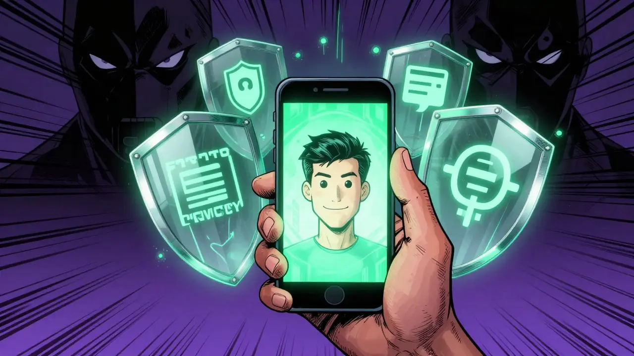 Comic style image of encrypted AI app protecting user data from surveillance risks.