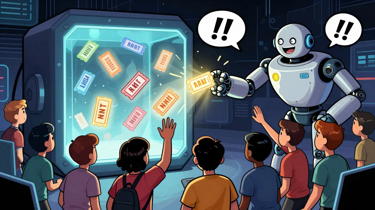 Comic style scene of users winning NFTs in a transparent blockchain raffle